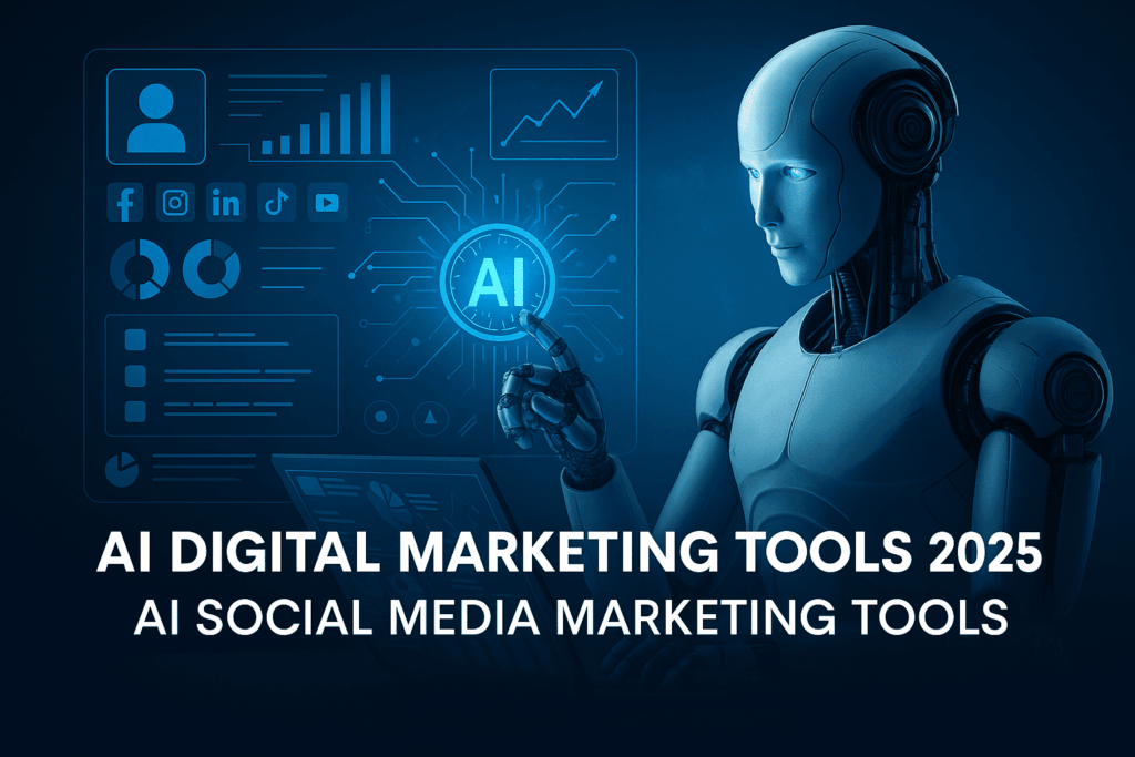 AI Digital Marketing Tools 2025: The Best AI Social Media Marketing Tools for Smarter Growth 1 AI-themed digital illustration showing a futuristic marketing hub with holographic dashboards, neural network patterns, and floating social media icons orbiting a central AI core, symbolizing AI Digital Marketing Tools 2025. MisraJiWebGuru’s AI Avatar and robotic assistants analyze data streams representing personalization, targeting, and social media strategies.
