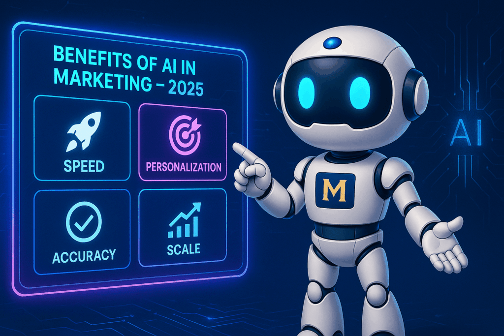 AI Digital Marketing Strategy in 2025: The Complete Guide for Smarter Growth 4 A futuristic digital illustration shows the MisraJiWebGuru AI Avatar pointing at a glowing holographic dashboard titled “Benefits of AI in Marketing – 2025.” The screen highlights four key benefits with neon icons: Speed (rocket), Personalization (target), Accuracy (checkmark), and Scale (growth chart), set against a premium dark blue AI-themed background with circuitry patterns.