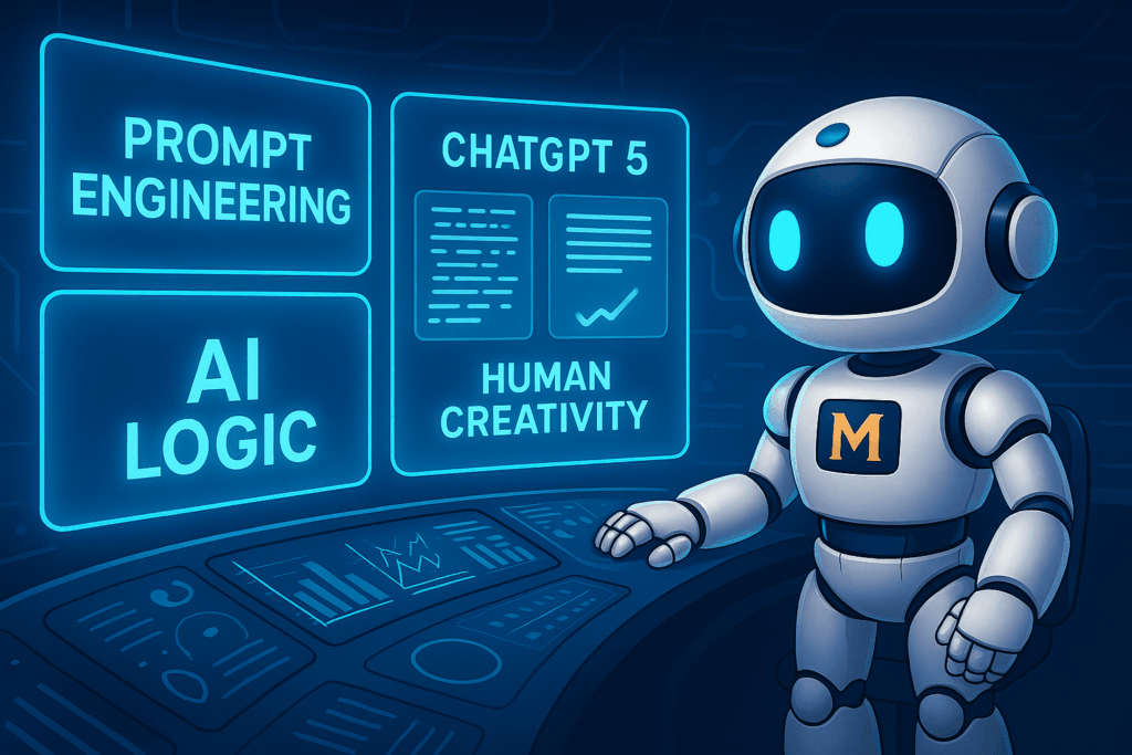 10 Prompt Engineering Secrets to Unlock ChatGPT 5’s Full Potential 1 MisraJiWebGuru AI Avatar in a futuristic control room interacting with holographic screens displaying Prompt Engineering, ChatGPT 5, AI Logic, and Human Creativity, symbolizing how effective prompts unlock AI’s full potential.