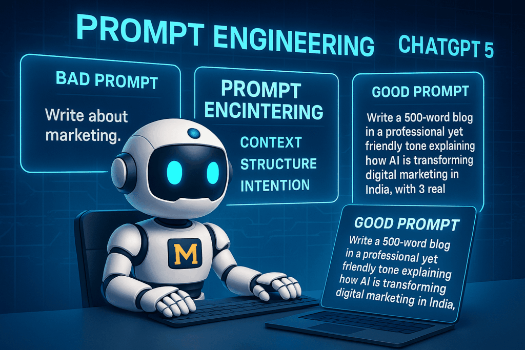10 Prompt Engineering Secrets to Unlock ChatGPT 5’s Full Potential 2 MisraJiWebGuru AI Avatar at a futuristic digital workbench with holographic screens showing bad vs good prompts. Left screen displays vague text “Write about marketing” with poor output, while the right screen shows a structured prompt producing a glowing professional blog draft. Keywords Context, Structure, Intention highlight the core of Prompt Engineering in ChatGPT 5.