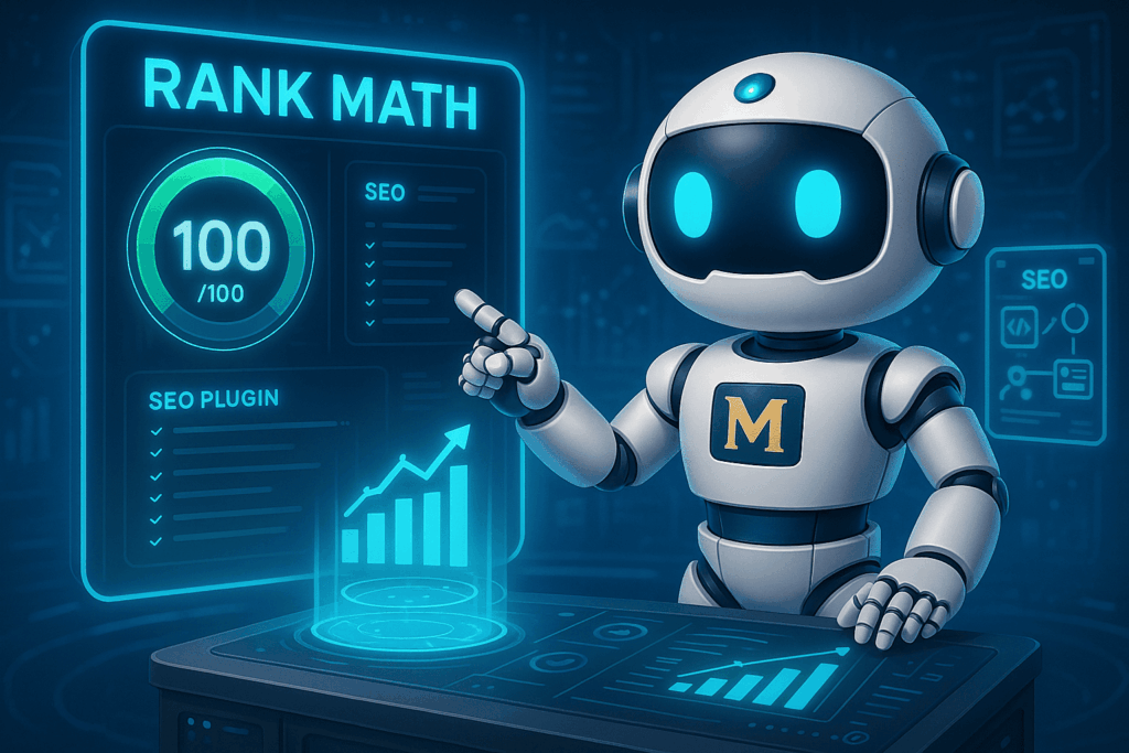 The Art of Rank Math SEO: A Creative Guide to Reaching 100/100 1 A premium AI and robotics-inspired visual created by MisraJiWebGuru, illustrating the concept of Rank Math SEO. The scene depicts futuristic holographic dashboards analyzing SEO elements—titles, meta descriptions, keywords, schema, and links—while MisraJiWebGuru’s AI Avatar coaches a robotic assistant toward a perfect 100/100 score.
