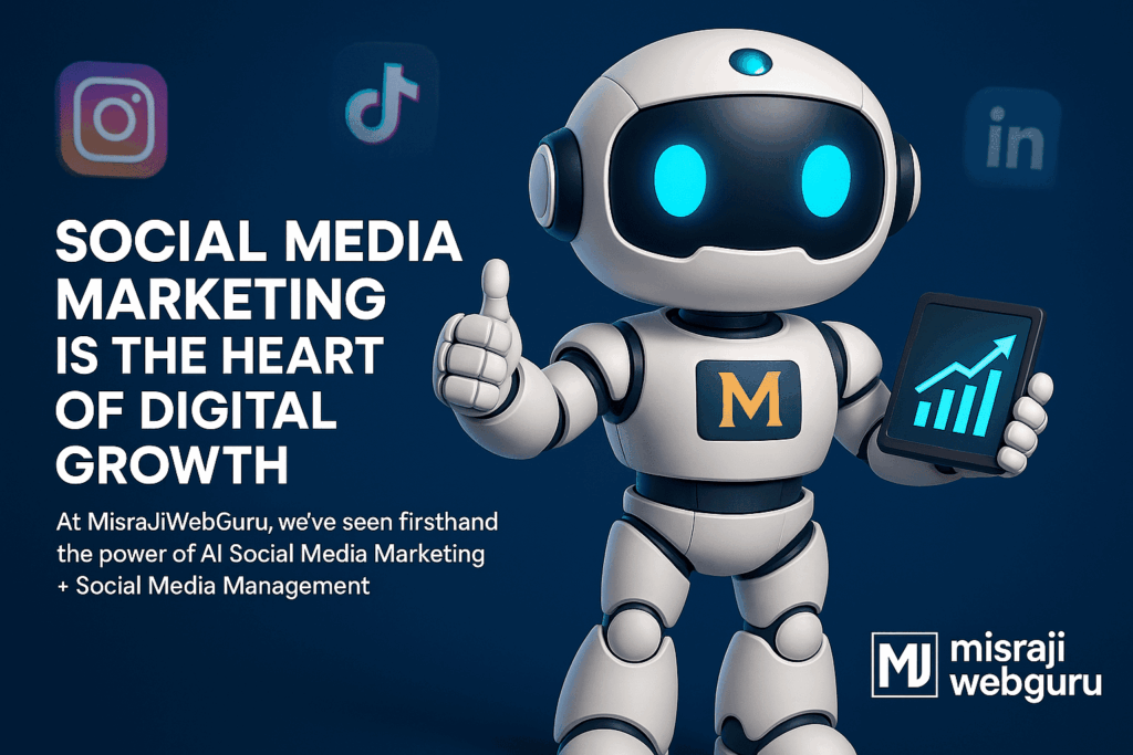 10 Proven Social Media Marketing Strategies for 2025: Smarter Growth with AI & Social Media Management 1 MisraJiWebGuru AI Avatar with glowing tablet, surrounded by Instagram, TikTok, LinkedIn, and Facebook icons, promoting Social Media Marketing as the heart of digital growth in 2025.