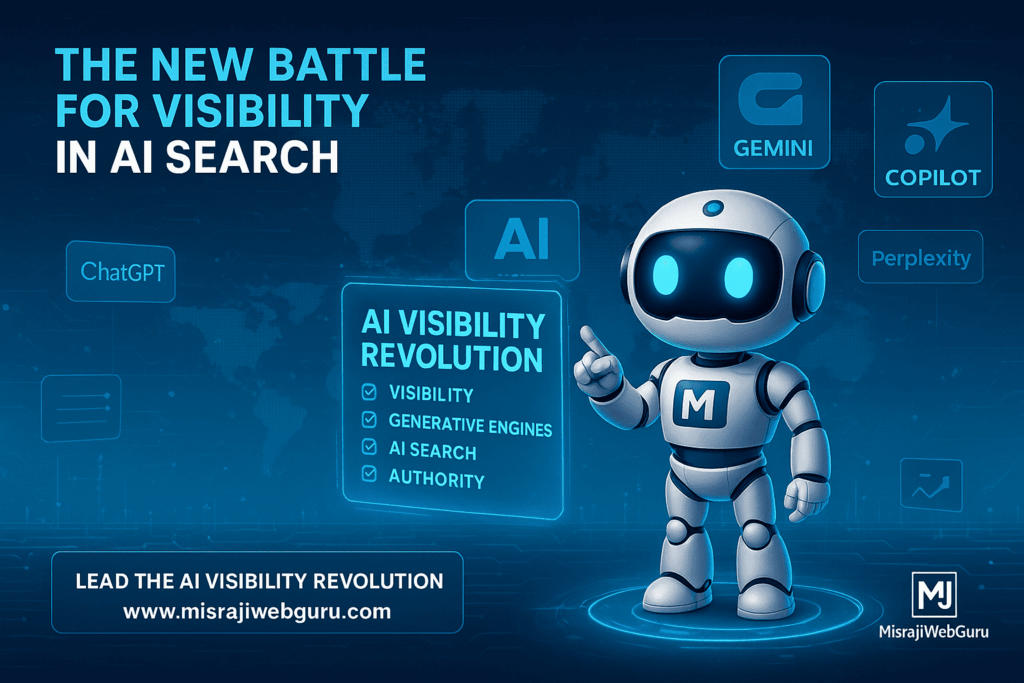 A cinematic digital illustration showing the official MisraJiWebGuru AI Avatar standing in a futuristic battlefield of AI search engines like ChatGPT, Gemini, Copilot, and Perplexity. The avatar projects a holographic screen labeled “AI Visibility Revolution,” surrounded by glowing blue and gold circuits, data streams, and a global digital map representing the battle for visibility in AI search. The MisraJiWebGuru logo and website www.misrajiwebguru.com
 appear subtly at the bottom.