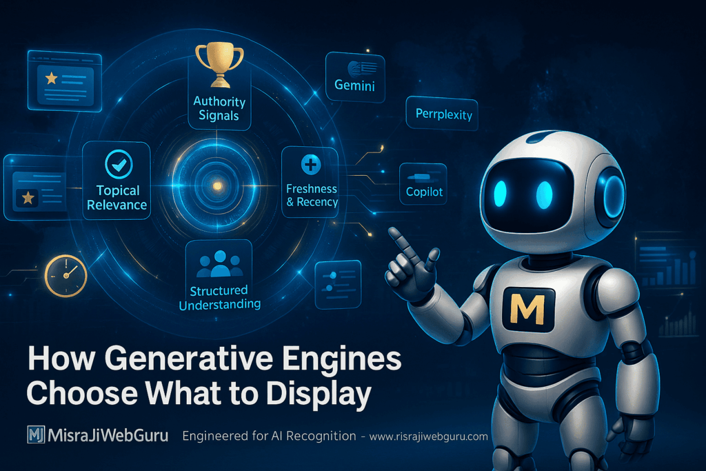 A cinematic landscape digital illustration titled “How Generative Engines Choose What to Display,” featuring the official MisraJiWebGuru AI Avatar analyzing a futuristic holographic decision matrix. Surrounding the avatar are glowing icons representing Authority Signals, Topical Relevance, Freshness & Recency, Engagement & Intent, and Structured Understanding. In the background, luminous data rings labeled ChatGPT, Gemini, Perplexity, and Copilot radiate beams into the matrix. Floating schema nodes and data particles flow across a deep blue AI-themed environment, with the MisraJiWebGuru logo and website www.misrajiwebguru.com
 displayed at the bottom right.