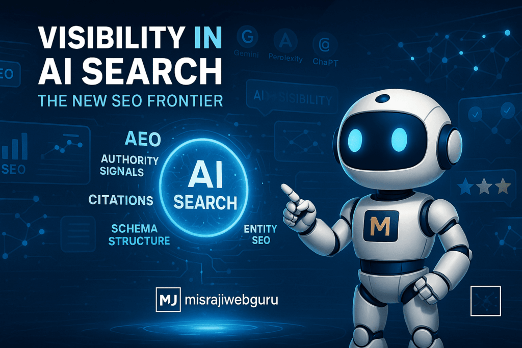 A premium landscape digital illustration titled “Visibility in AI Search – The New SEO Frontier,” featuring the official MisraJiWebGuru AI Avatar standing in a futuristic AI command center surrounded by holographic panels labeled AEO, AI Visibility, Entity SEO, Authority Signals, and Schema Structure. The avatar interacts with a glowing AI search orb symbolizing recognition within Generative Engines like ChatGPT, Gemini, and Perplexity. The left side shows fading SEO bar graphs, while the right glows with AI neural networks and digital visibility patterns. The MisraJiWebGuru logo and website www.misrajiwebguru.com
 appear at the bottom.