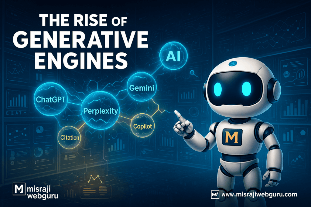 A premium digital illustration titled “The Rise of Generative Engines,” featuring the official MisraJiWebGuru AI Avatar standing before a futuristic AI network hub. The scene showcases holographic entities of ChatGPT, Gemini, Copilot, and Perplexity connected by glowing data streams, symbolizing AI-powered visibility and optimization. The background includes a digital library of structured data, neural connections, and flowing analytics, representing visibility in AI search and generative engines. The MisraJiWebGuru logo and website www.misrajiwebguru.com
 appear subtly at the bottom.