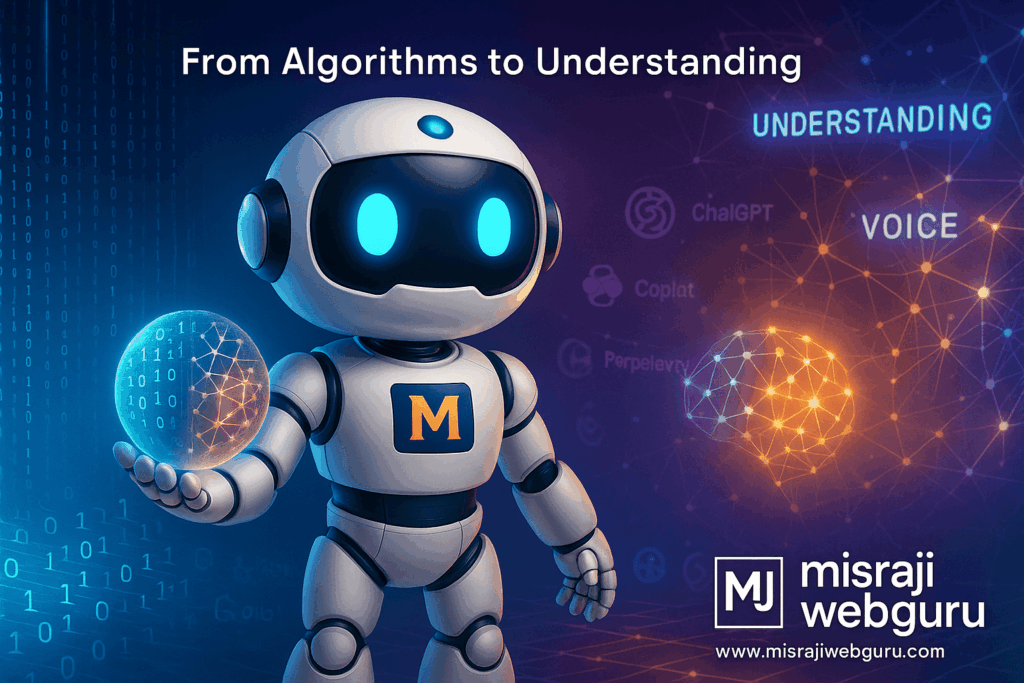 A cinematic digital artwork showing the MisraJiWebGuru AI Avatar bridging the world of old SEO algorithms and intelligent AI reasoning. On one side, blue-grey code represents traditional search; on the other, glowing neural networks and holographic words like “Understanding” and “Voice” depict Cognitive SEO and the rise of AI comprehension in 2025.