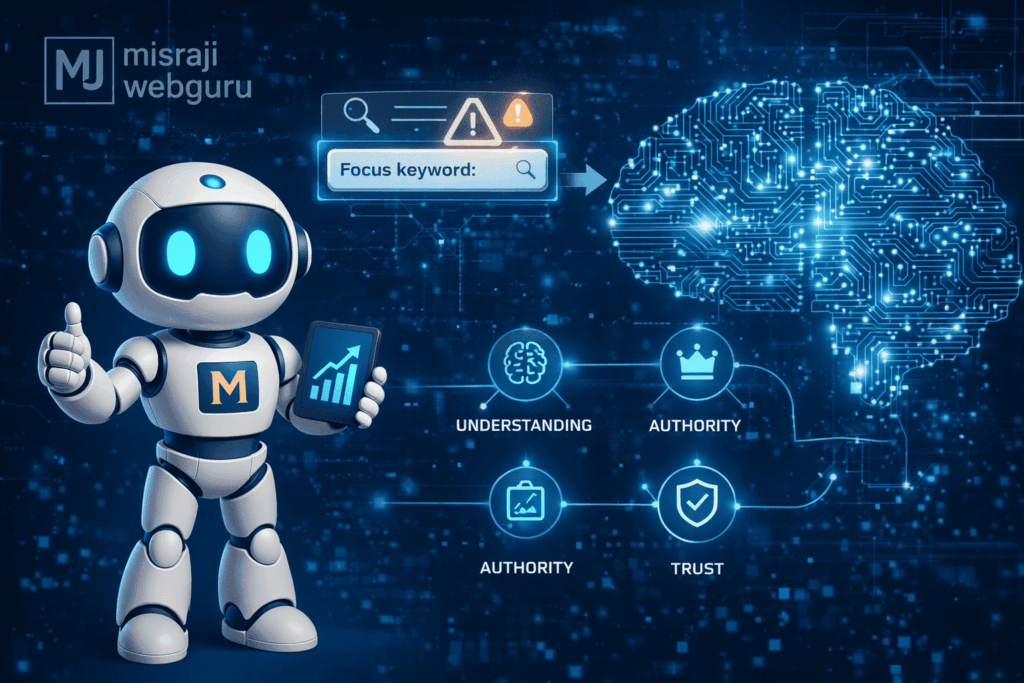 MisraJiWebGuru AI avatar illustrating Neural Content Intelligence, showing how modern SEO in 2026 focuses on understanding, authority, and trust through AI-driven search intelligence.