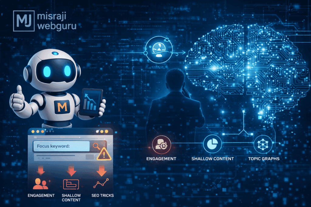 MisraJiWebGuru AI avatar explaining why traditional SEO is breaking in 2026, highlighting declining keyword-based rankings, shallow content, low engagement, and the shift toward neural search, topic graphs, and AI-driven content intelligence.
