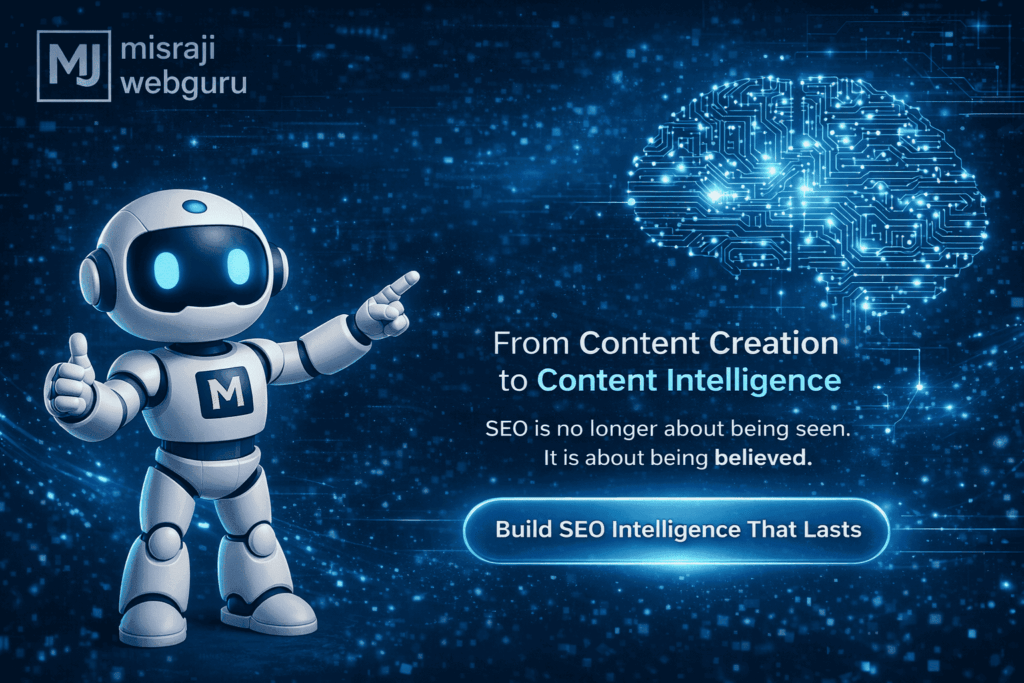 MisraJiWebGuru AI avatar guiding the shift from content creation to Neural Content Intelligence, visualizing AI-driven SEO in 2026 focused on understanding, trust, authority, and building SEO intelligence that lasts.